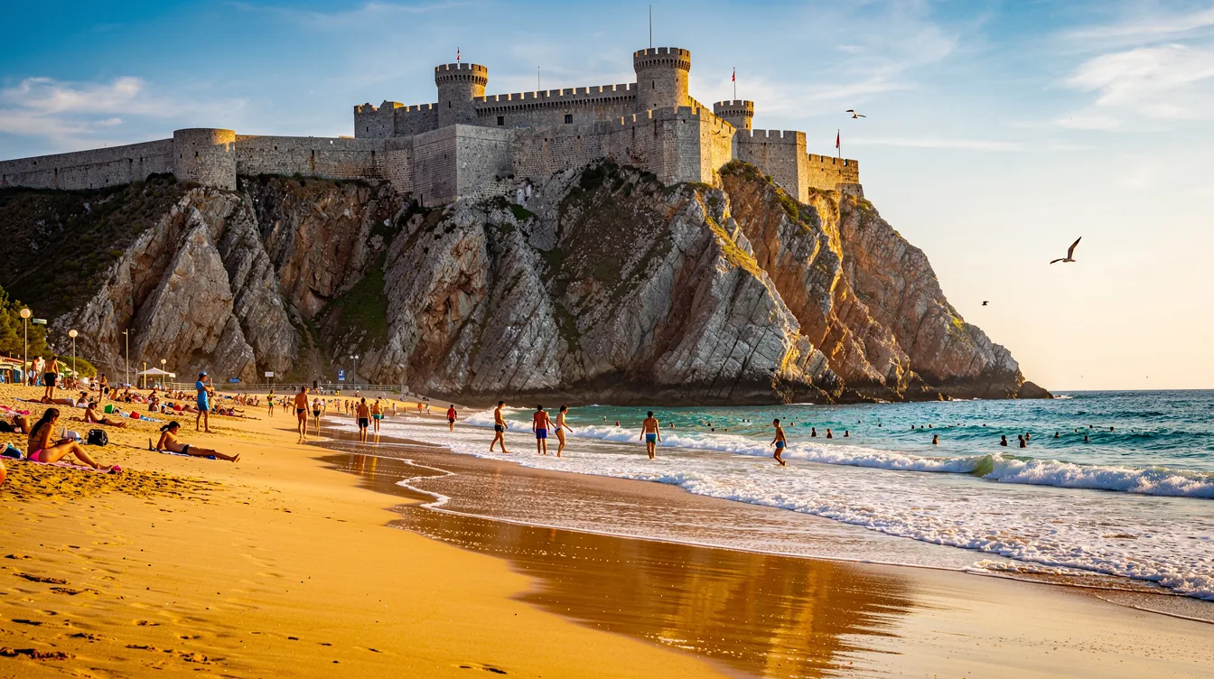 Ein goldener Sandstrand, der von Badegästen belebt ist, erstreckt sich vor einer beeindruckenden mittelalterlichen Festung, dem Castillo de Santa Bárbara, das auf einem steilen Felsen thront. Im Hintergrund ist die Küste der Costa Blanca zu sehen, während das Meer sanft an die Strände von Alicante plätschert.