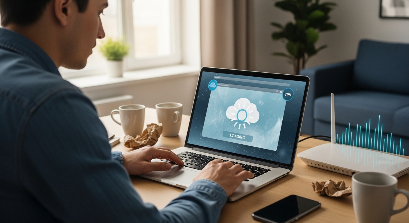 Remote worker experiencing lag on a slow internet connection while using cloud desktop and VPN access.