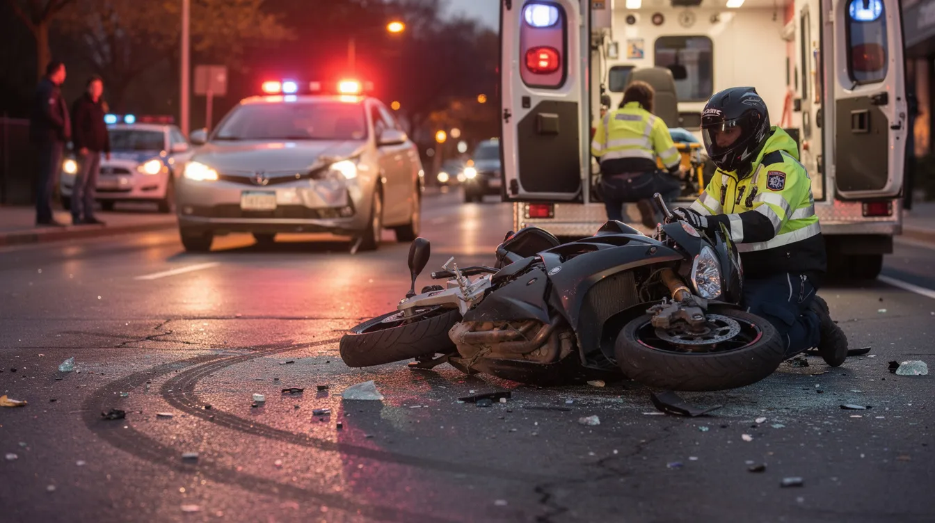 The image depicts the aftermath of a motorcycle crash, highlighting severe traumatic brain injury in the victims, evidenced by visible head trauma and blood flow issues. Immediate medical attention is crucial to address potential brain damage and prevent life-threatening conditions such as brain bleeds or skull fractures.