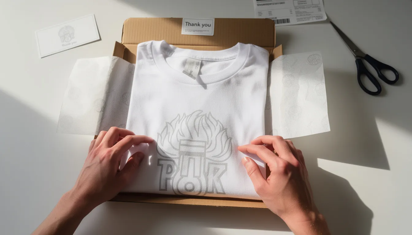 A person is carefully packaging a custom printed t-shirt using branded tissue paper, emphasizing the attention to detail in the presentation of high-quality products for their online store. This process highlights the importance of custom packaging in the print on demand business, ensuring a delightful unboxing experience for customers.
