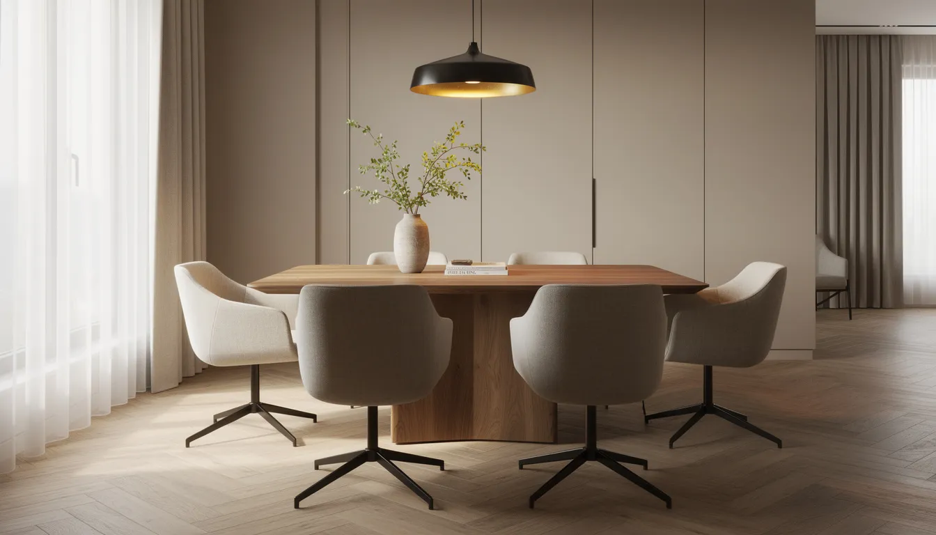 Een luxe eetkamer met een stijlvolle houten tafel, omringd door comfortabele draaibare eetkamerstoelen die een moderne uitstraling hebben. Boven de tafel hangt een elegante hanglamp, wat bijdraagt aan de warme sfeer van de eethoek.