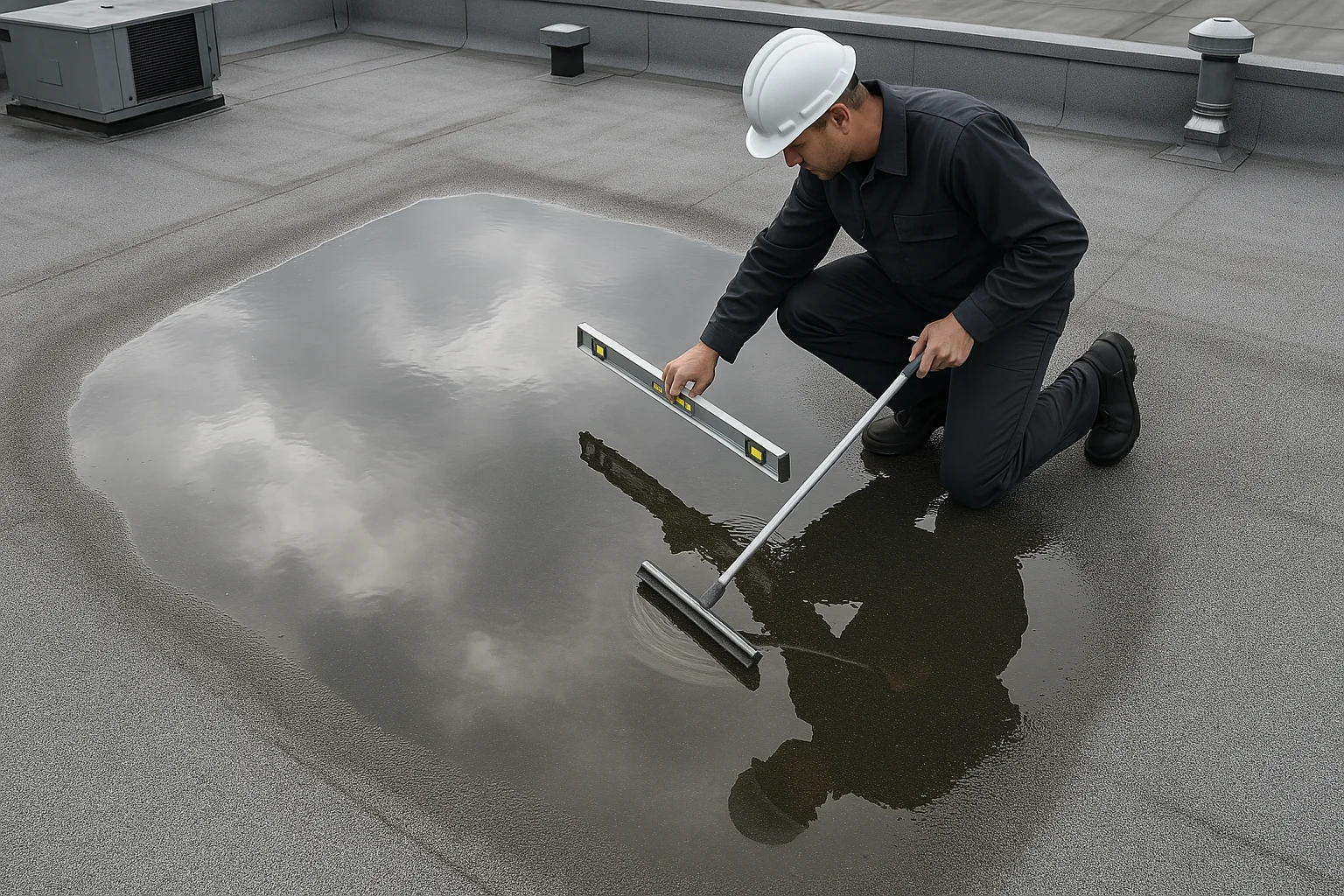 Technician inspecting standing water on a flat roof, identifying drainage issues and checking slope alignment.