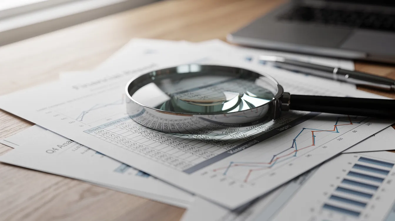 A magnifying glass is placed on top of various financial documents and spreadsheets, which are spread out on a wooden desk, suggesting a focus on debt collection and judgment enforcement processes. The scene conveys an atmosphere of analysis and attention to detail, essential for attorneys and law firms dealing with judgment debt and recovery efforts.
