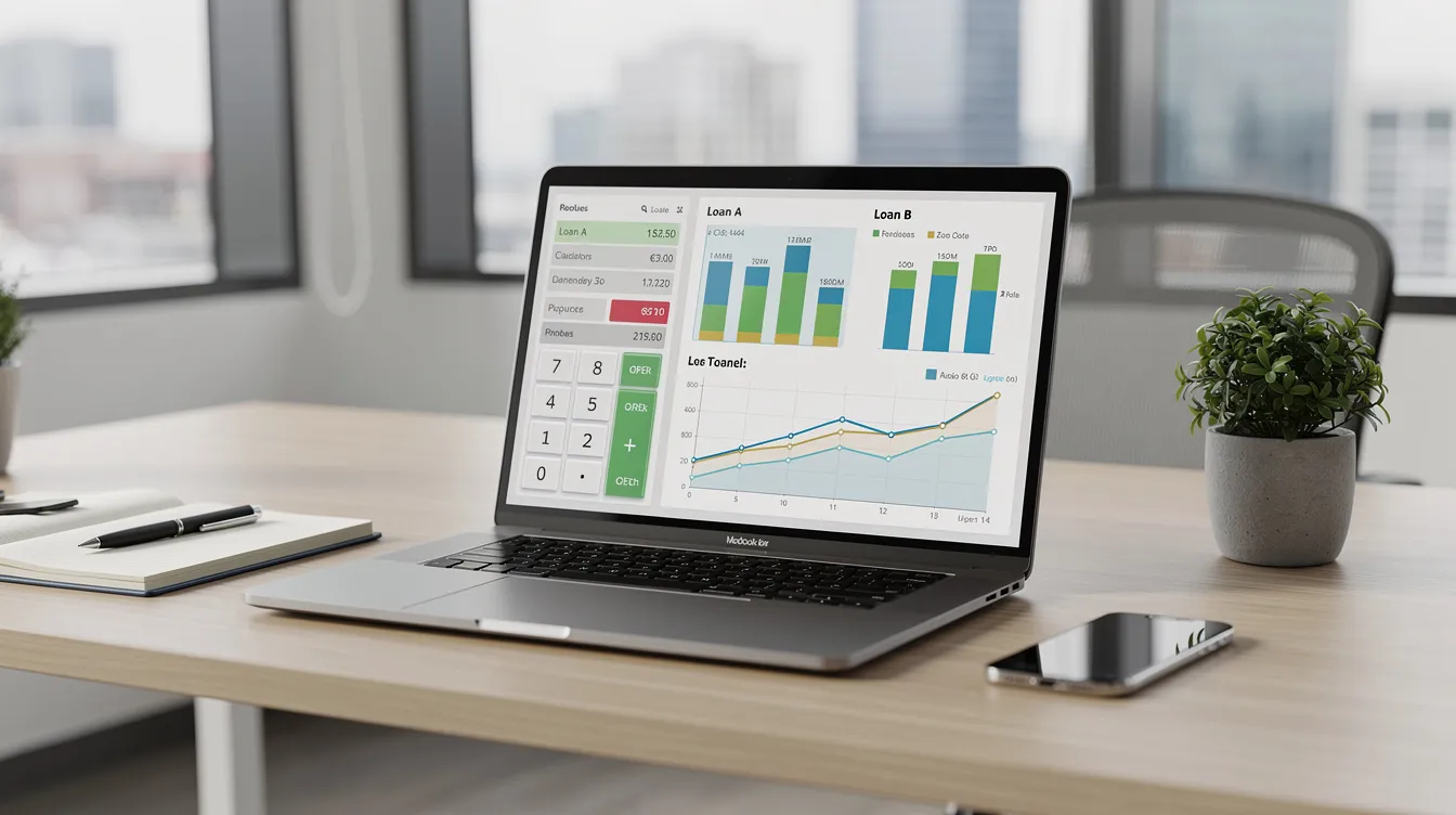 The image shows a modern office workspace featuring a laptop with a financial calculator application open, displaying loan comparison charts and details on actual annual interest rates. This setup suggests a focus on personal loans, with insights into monthly repayment amounts and terms for potential borrowers.