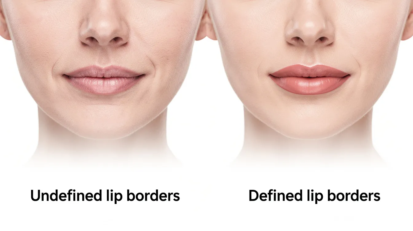 The image shows a side-by-side comparison of a woman's lower face, highlighting the differences between defined and undefined lip borders. On one side, the lips exhibit a natural lip shape with clear borders, while the other side displays blurred lip borders, potentially indicating issues like lip filler migration or too much filler from previous lip filler treatments.