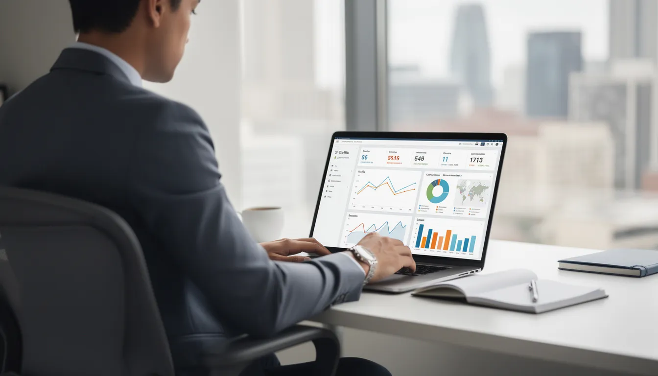 A business professional is intently analyzing website traffic data displayed on a laptop screen, focusing on key metrics that inform their digital marketing strategies. This analysis is crucial for understanding the customer journey and optimizing the sales funnel to convert leads into paying customers.