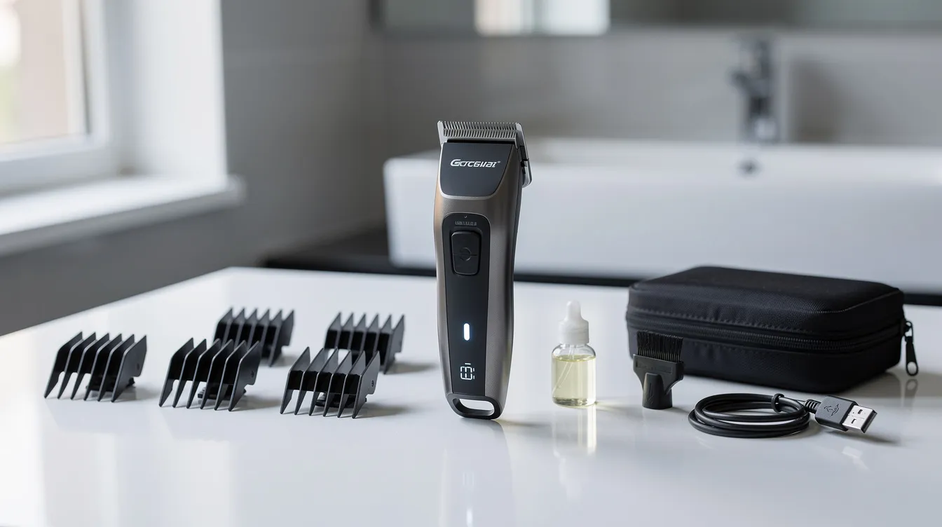 The image shows a cordless hair clipper along with various guide combs and accessories, all neatly arranged on a clean bathroom counter. This setup includes a cleaning brush and a blade guard, perfect for home haircuts and maintaining a professional look.