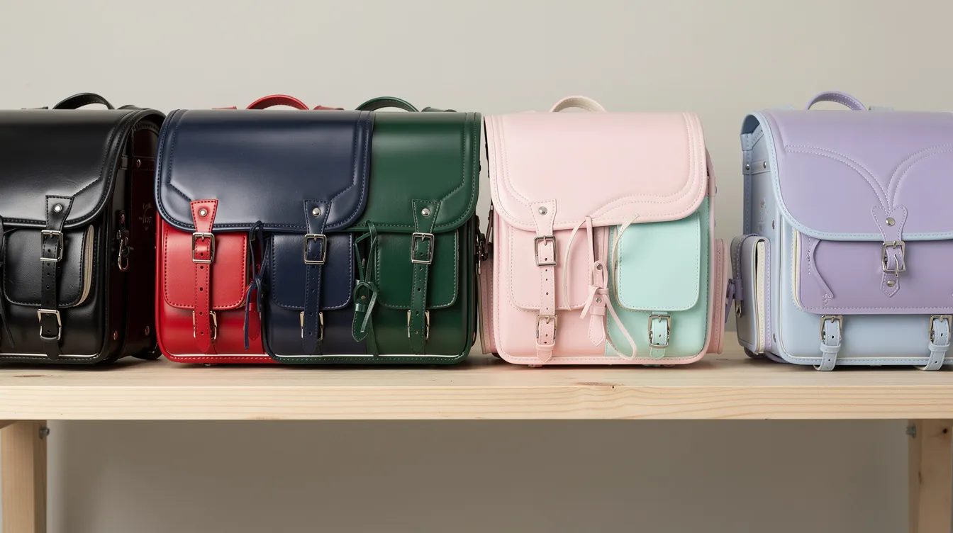 A row of vibrant randoseru backpacks, typical of Japanese elementary school children, is displayed on a wooden shelf, showcasing colors ranging from classic black and red to soft pastel pink and lavender. These school bags, made from durable synthetic leather, represent a cherished tradition in Japan as children prepare for their first day of school.