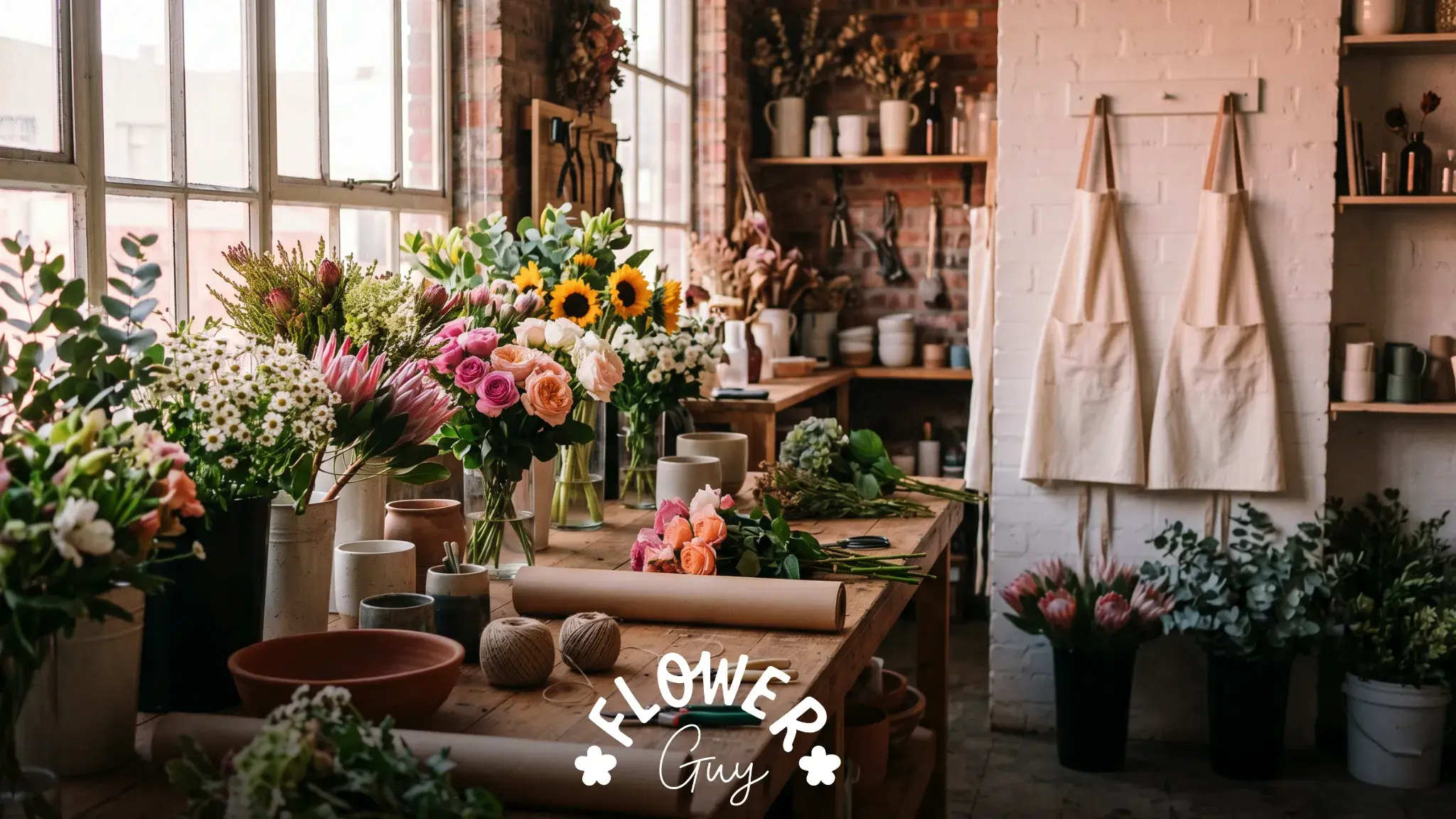 Cape Town artisan flower studio workbench at dawn with seasonal blooms, ceramic vessels, kraft paper and apron