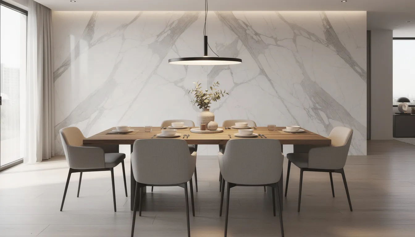 Een stijlvolle eetkamer met marmerlook wandpanelen en een massief houten eettafel, die een luxe uitstraling en een elegante sfeer creëert. De marmerlook panelen zorgen voor een esthetisch aantrekkelijke achterwand die perfect past bij de natuurlijke elementen van de ruimte.