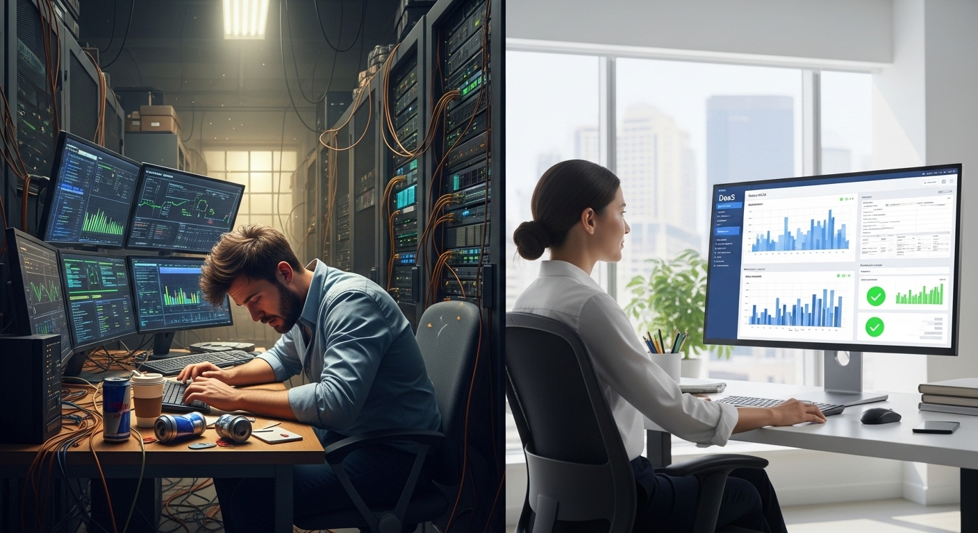 IT administrator overwhelmed managing VDI hardware and systems contrasted with streamlined DaaS dashboard managed by provider