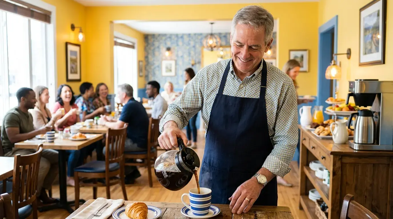 Host pouring coffee for guests in a hotel breakfast room
