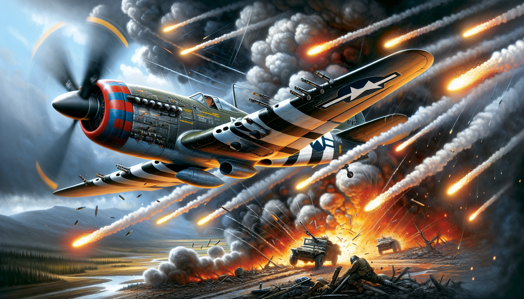 Illustration of a P-47 Thunderbolt in a ground attack