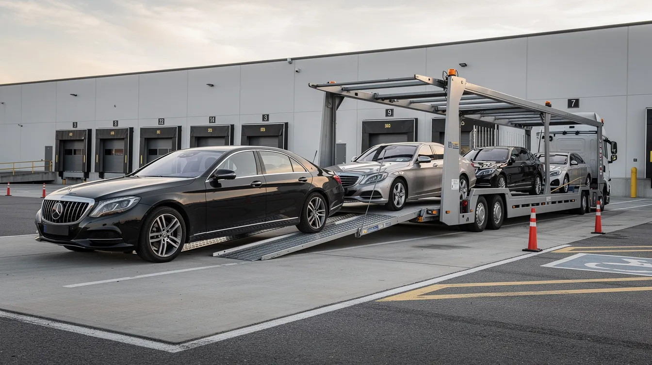 The image depicts a flatbed truck loading area filled with several corporate sedans lined up, ready for auto transport. This scene highlights the vehicle relocation services provided for corporate clients, ensuring their company vehicles are transported safely to a new location.