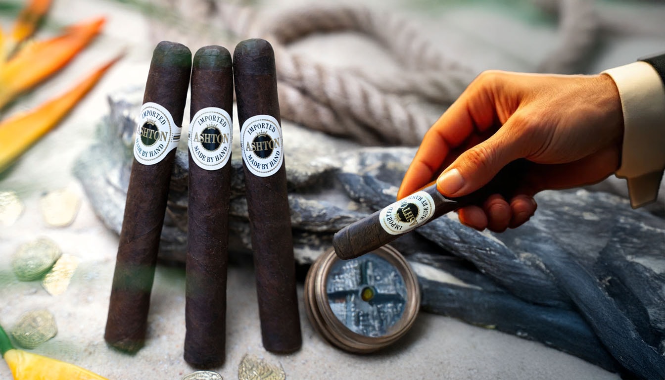 A person selecting an Ashton Aged Maduro cigar from a display