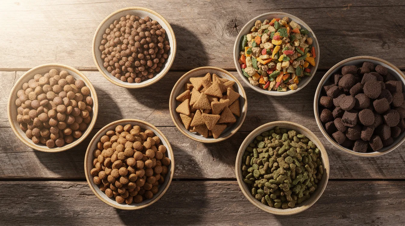 The image displays various types of dry dog food kibble arranged in ceramic bowls on a wooden surface, highlighting the importance of balanced nutrition for dogs. Each bowl showcases different dog food brands, emphasizing options that cater to a dog's health and unique dietary needs.