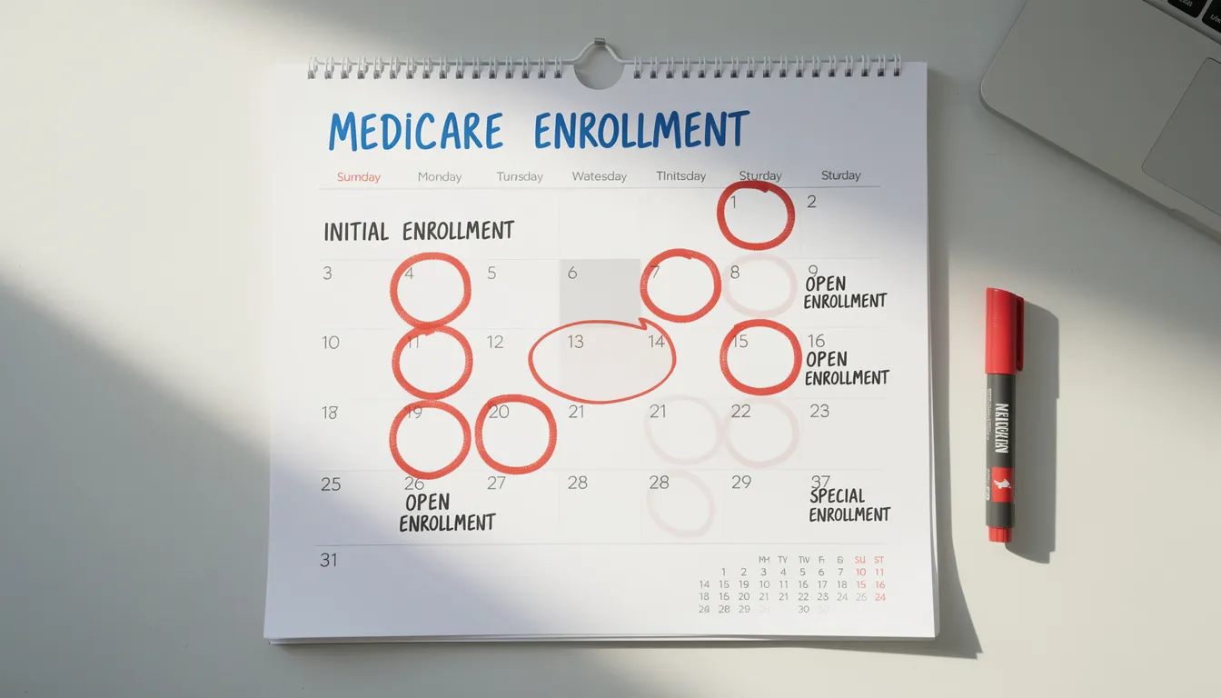 The image depicts a calendar with several dates circled, highlighting important Medicare enrollment periods for retirees. These dates are crucial for many retirees to ensure they secure the right health coverage and avoid penalties related to their insurance coverage.