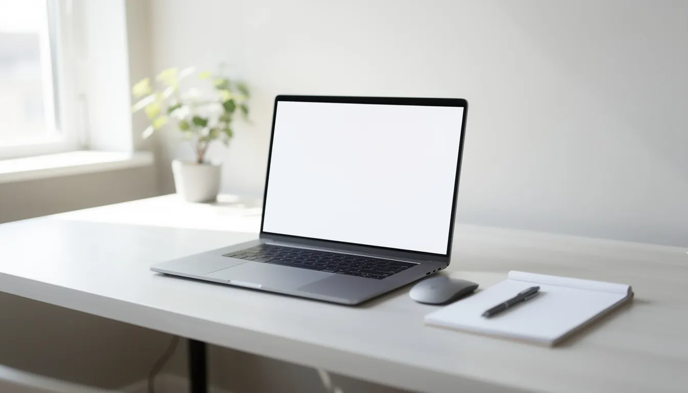 The image depicts a clean and organized desk featuring a laptop and a notepad, illuminated by bright natural light, creating a conducive environment for deep work and productivity. This setup encourages individuals to stop procrastinating and focus on their most important tasks without distractions.