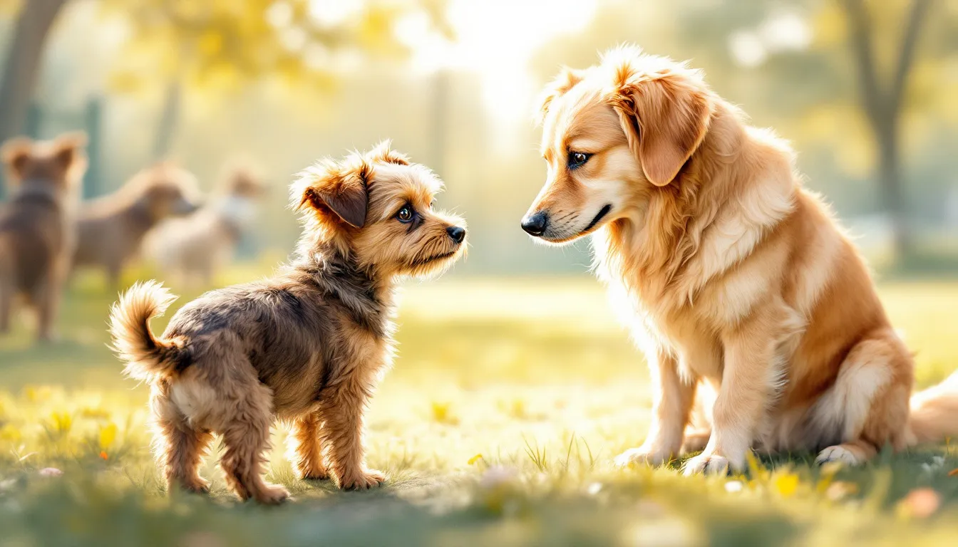 A nervous rescue dog interacting with another dog at a dog park.