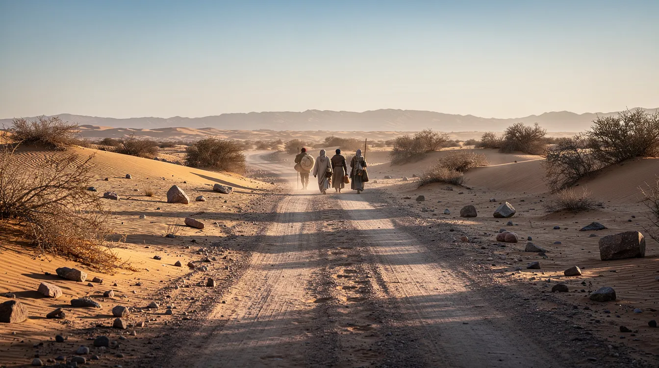 “Biblical oppression contextual Bible study graphic” The image depicts an ancient desert road stretching towards distant hills, with travelers walking together, symbolizing a journey of faith and resilience against oppression. This scene evokes the spirit of unity and perseverance, reminiscent of biblical themes where the oppressed seek deliverance and guidance from God’s word.