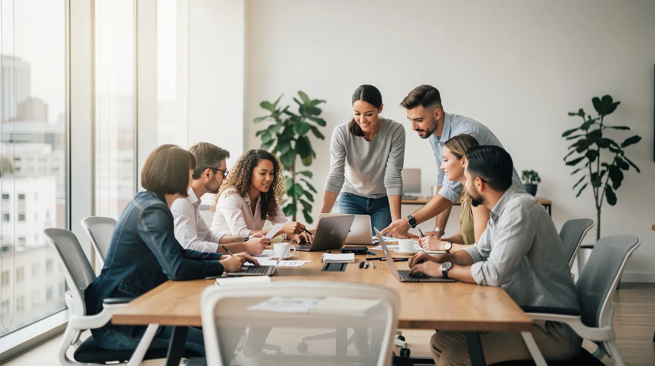 Une équipe diversifiée de collègues collabore autour d'une table dans un bureau moderne, baigné de lumière naturelle, illustrant l'importance de la communication et de la création de relations constructives pour favoriser le bien-être et l'efficacité au sein de l'entreprise. Tout le monde participe activement aux discussions, renforçant ainsi la cohésion et le lien entre les membres de l'équipe.