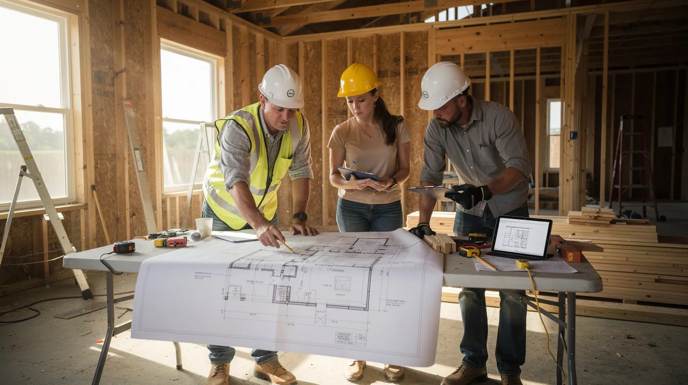 The image depicts a residential construction site where a dedicated project manager and workers are gathered around a table, reviewing architectural plans inside a partially framed house. This scene highlights the importance of effective project management in ensuring that construction projects run smoothly and meet client expectations.