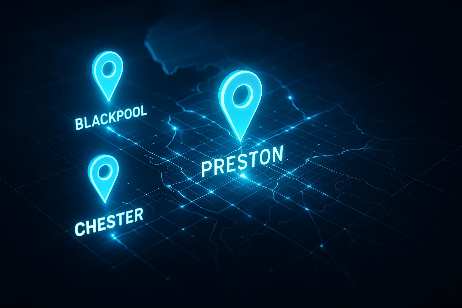 Digital map of North West towns showing the future growth of SEO across places like Blackpool, Chester, and Preston.