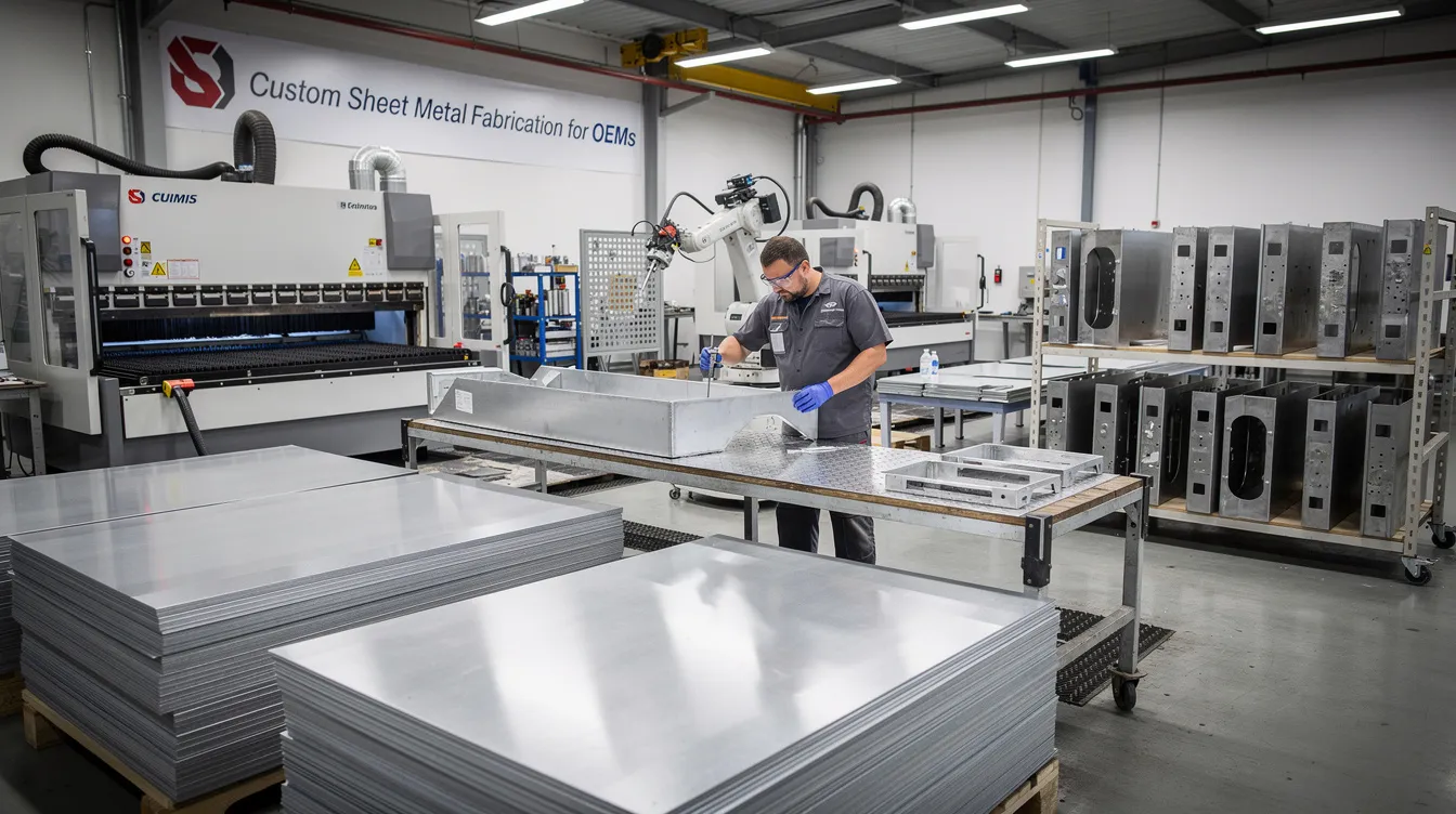 The image depicts a variety of custom sheet metal parts showcasing different fabrication processes, including laser cutting and bending, highlighting the capabilities of custom sheet metal fabrication for OEMs. The parts are made from materials such as stainless steel and aluminum, demonstrating their durability and corrosion resistance for industrial applications.