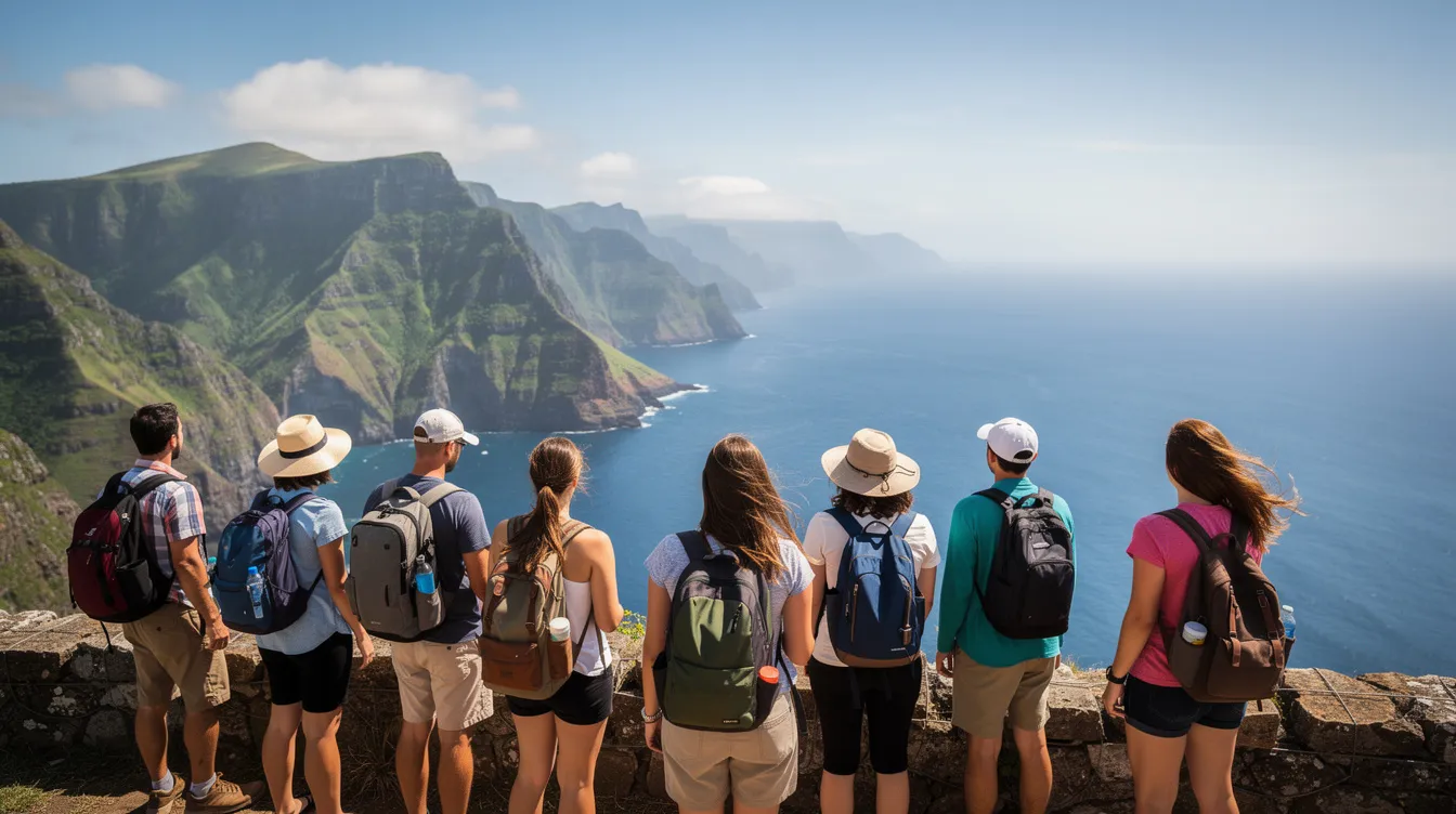 Um grupo de viajantes observa uma deslumbrante paisagem costeira, com montanhas imponentes ao fundo e o mar azul refletindo a luz do sol. A cena captura a beleza natural da Croácia, destacando a harmonia entre a terra e o mar.