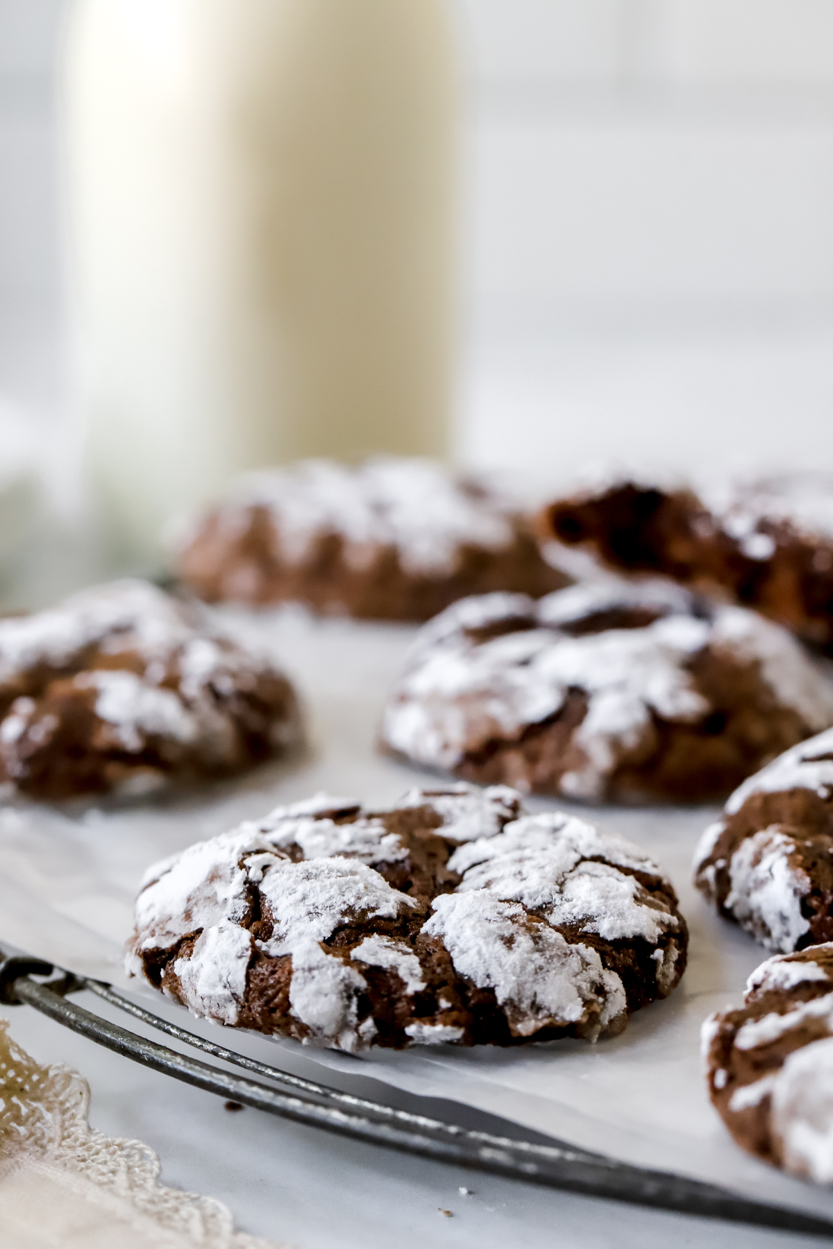 double chocolate crinkle cookies on a rack