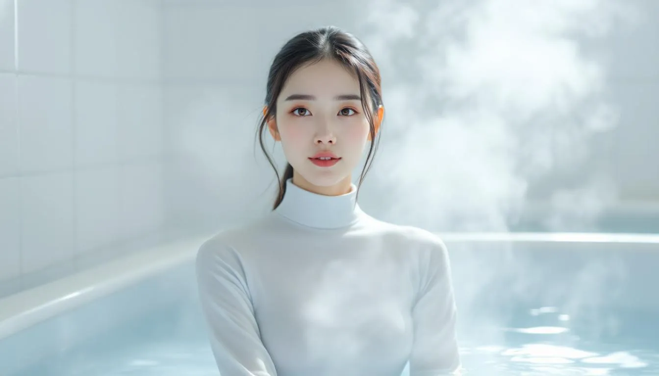 A Chinese woman is engaging in cold water immersion, standing in a tub filled with icy water, demonstrating a meditation practice that promotes mental clarity and resilience. This cold exposure offers numerous health benefits, including stress reduction and improved circulation, as she focuses on her breath and embraces the initial shock of the cold temperature.