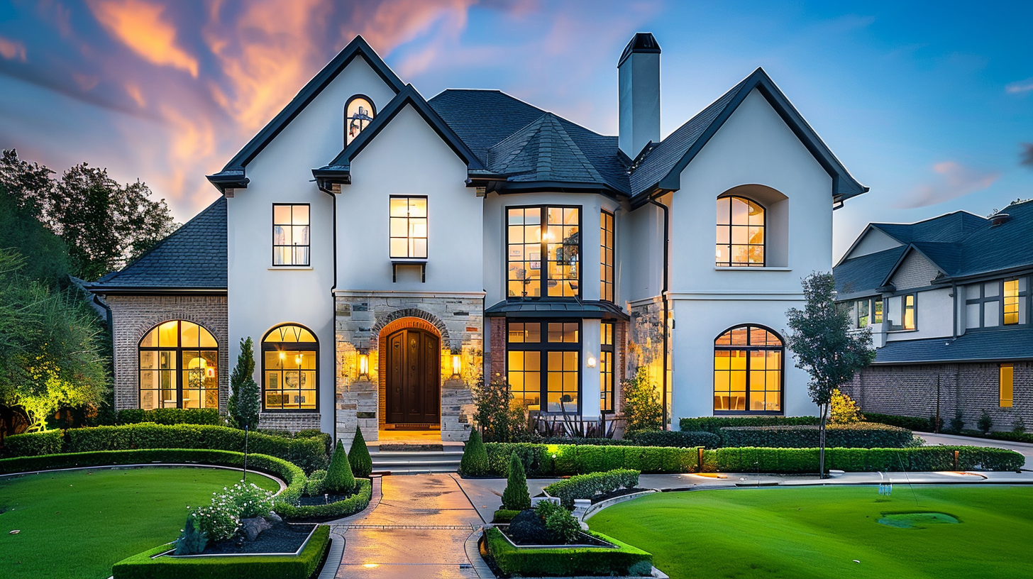 Home exterior with styled windows, illustrating architectural detail diversity and material use.