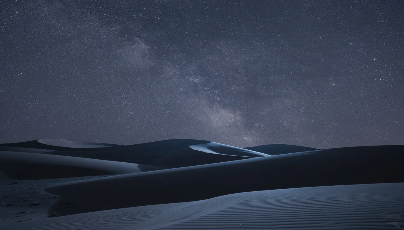 A breathtaking night sky filled with countless stars and the Milky Way stretches above the silhouetted sand dunes, creating a stunning backdrop for a desert adventure. This enchanting scene captures the essence of a luxury desert camp experience, where guests can enjoy the vast beauty of the Sahara Desert.