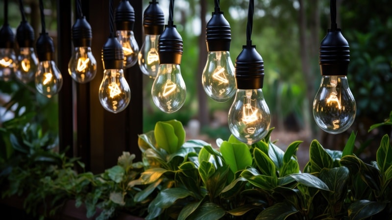 illuminated A19 bulbs hanging above lush greenery in an outdoor setting