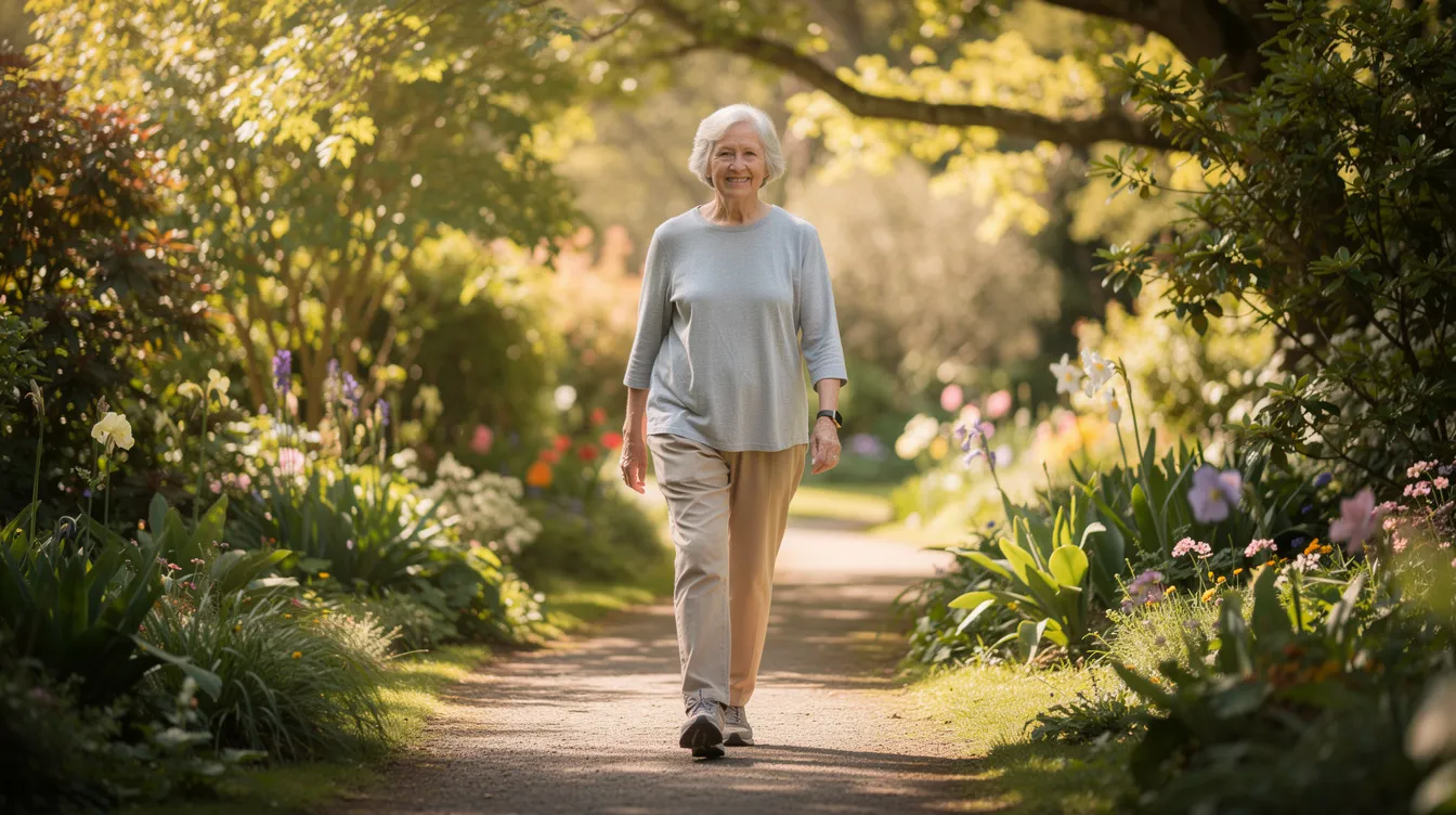 An older adult is walking comfortably along a sunlit garden path, appearing relaxed and mobile, which suggests effective joint health management. This scene embodies the benefits of staying active and may resonate with arthritis patients seeking relief from joint pain through dietary supplements and a balanced diet.