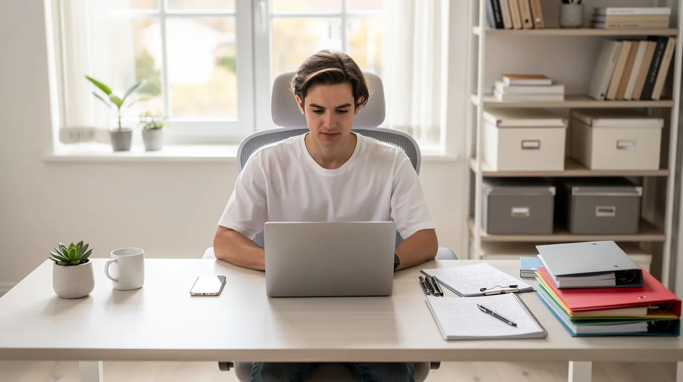 A person is seated at a clean home office desk, working on a laptop surrounded by a phone and neatly organized project materials in a bright room. This setting reflects a productive environment for real estate professionals engaged in daily operations and market analysis.