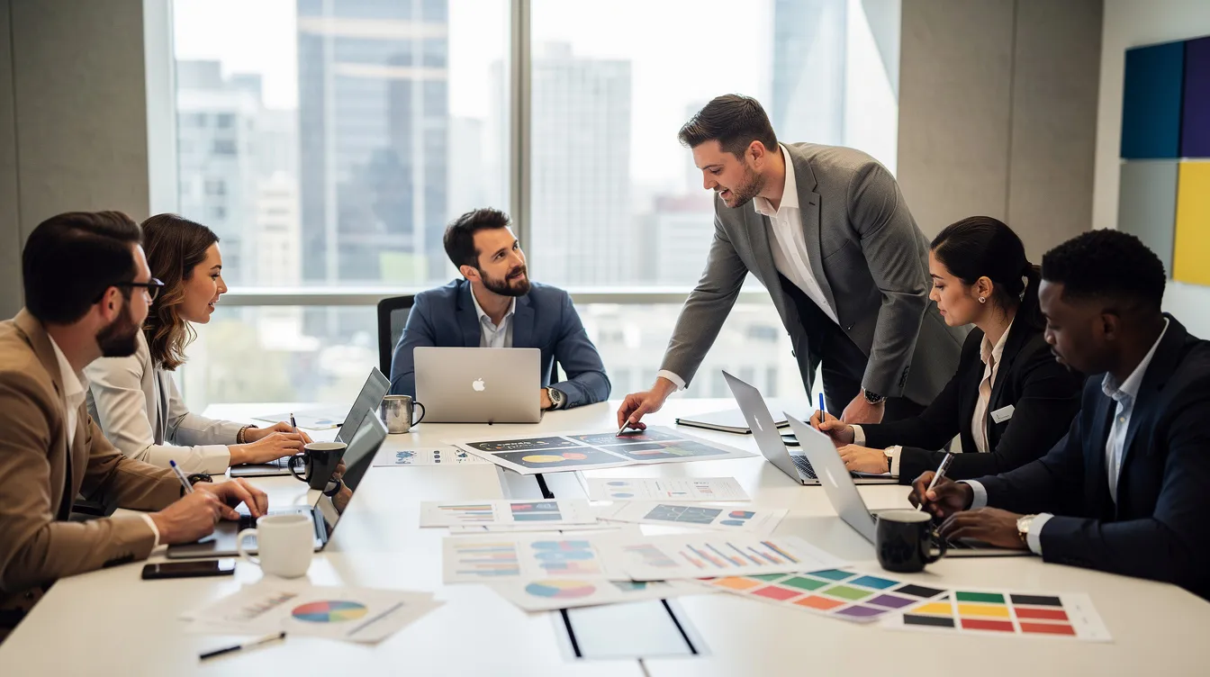 A marketing team is collaborating around a conference table, equipped with laptops and documents, discussing strategies for cannabis advertising and marketing. They are focused on developing effective campaigns for cannabis brands while considering industry regulations and compliance with advertising laws.