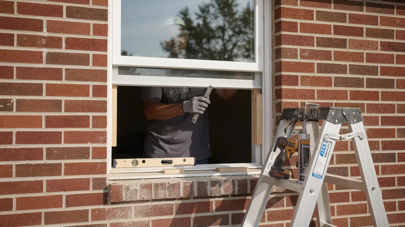 A modern replacement window is being installed in a brick home, showcasing the process of window replacement by an experienced team in Plano, TX. The new energy-efficient window enhances the home's appearance while ensuring quality and protection for the residents.