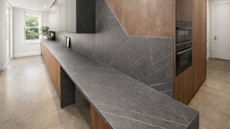 The kitchen of a hotel is designed with marble wrap instead of real marble stone