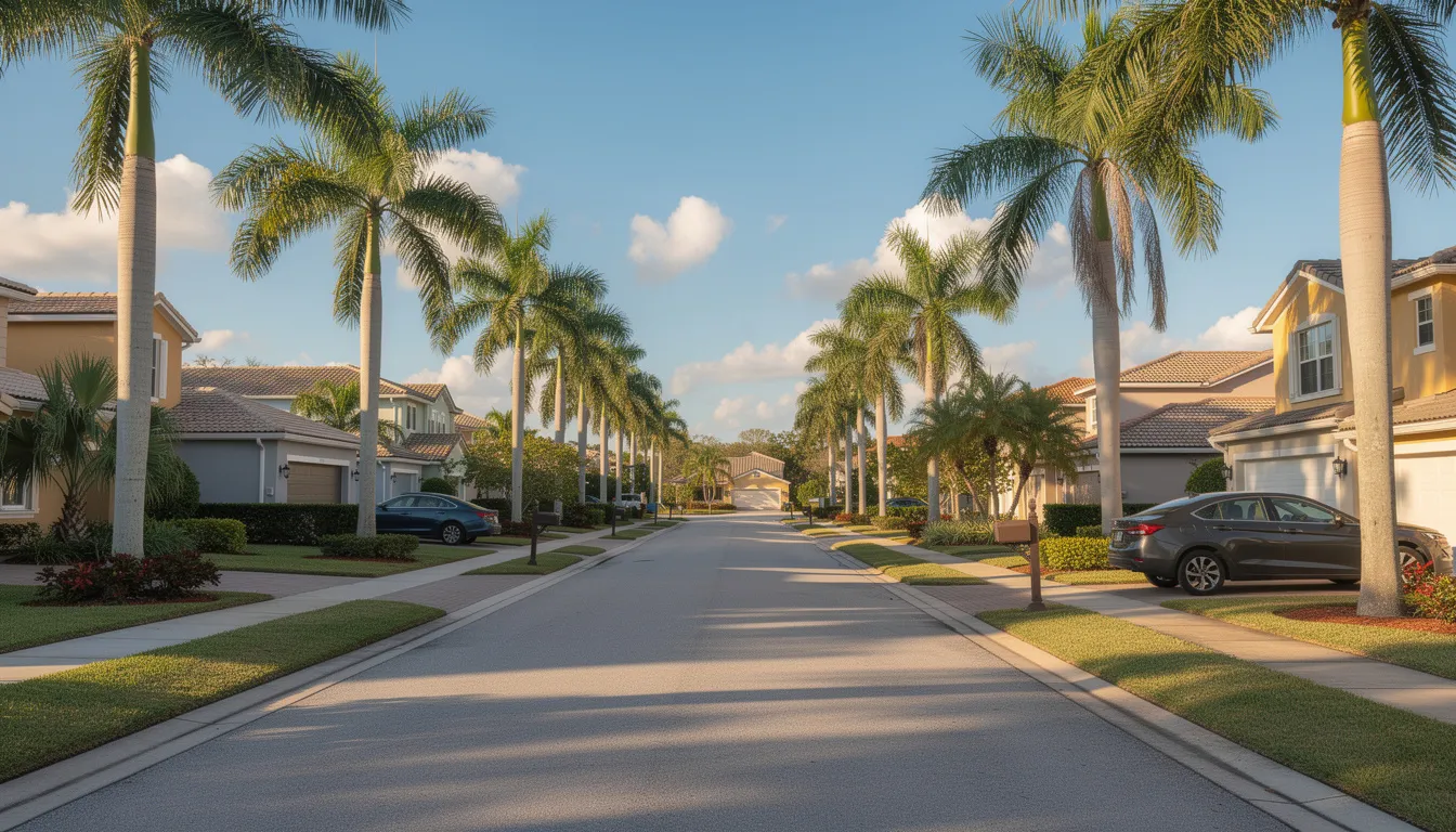 The image depicts a serene suburban street in Florida, lined with charming single-family homes and swaying palm trees, showcasing the appealing environment for potential real estate investors. This scene highlights the attractive aspects of Florida's real estate market, making it an ideal location for investment properties and rental opportunities.