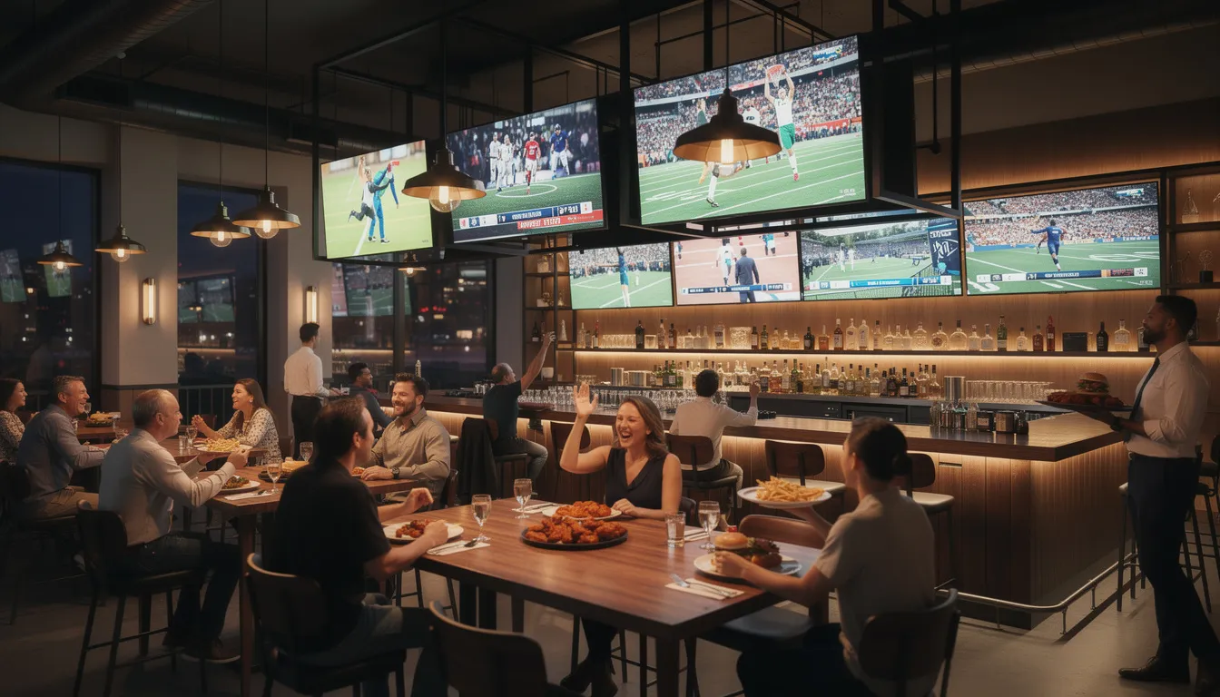 The image features multiple television screens displaying various sports events in a modern restaurant or bar, creating a lively atmosphere for patrons. This setting highlights the importance of reliable DSTV installation services to ensure optimal picture quality and signal strength for an enjoyable viewing experience.