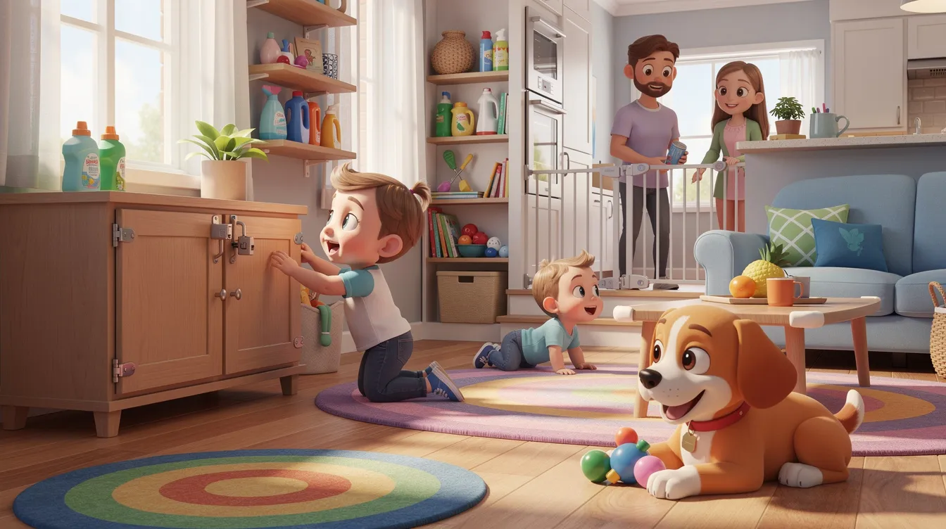 Childproofing measures in action around the home.