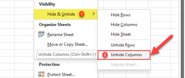 Select Unhide columns