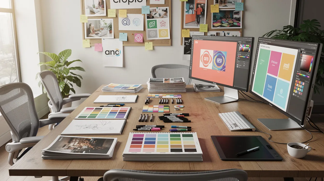 A creative design studio workspace is depicted, featuring modern computers surrounded by various design materials like sketches and color palettes. This environment is ideal for developing effective digital marketing strategies and enhancing marketing efforts across digital channels.
