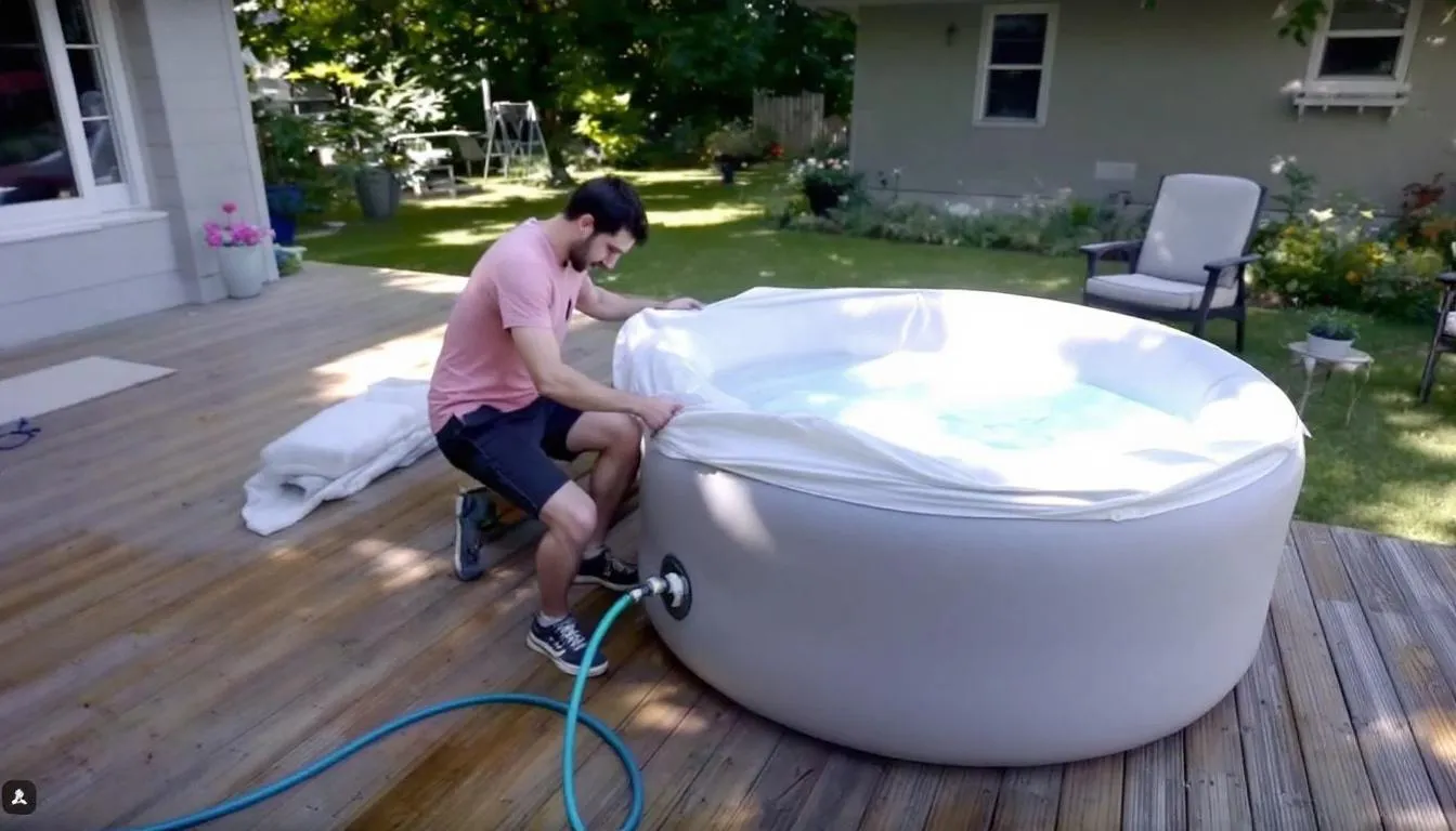 A portable inflatable cold plunge tub is being set up in a backyard, showcasing its spacious design and built-in seat for cold water immersion therapy. This cold plunge tub promises to provide health benefits such as reducing muscle soreness and improving recovery after intense workouts or long travel days.