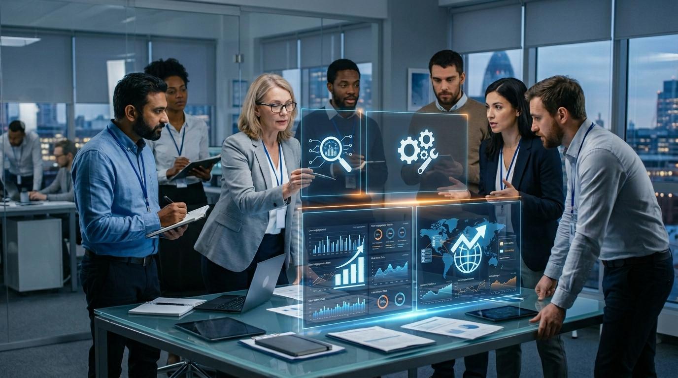 Professional decision-making scene with educators, enterprise trainers, and product teams evaluating cloud-based virtual labs on holographic screens, featuring browser-based learning, hands-on labs, analytics, and scalable infrastructure.