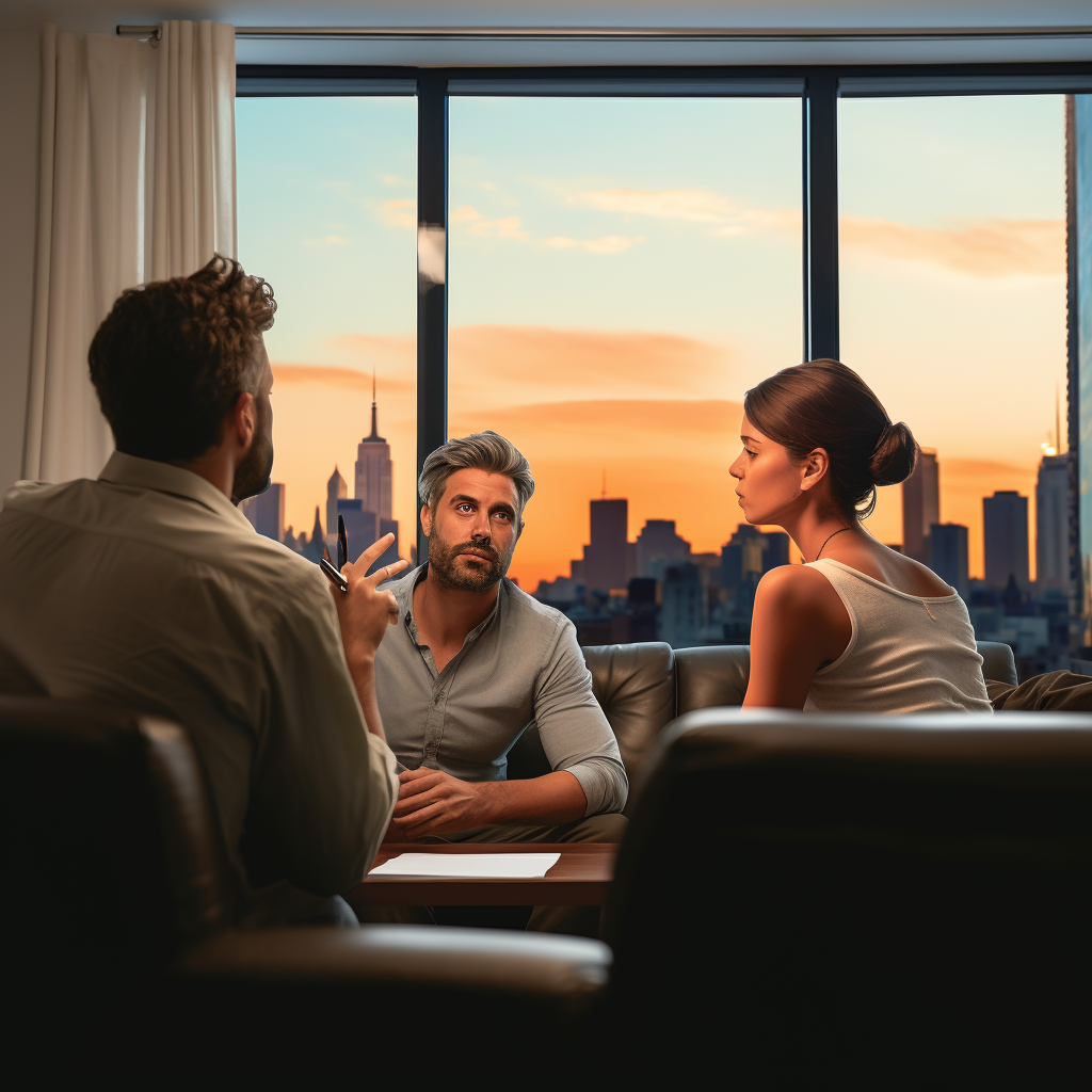 Reinvigorated couple in a New York City therapist's office, reflecting the benefits of couples counseling as they experience renewed connection and understanding in their marriage journey.