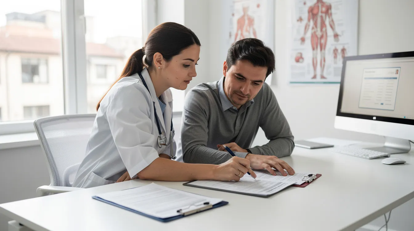 A healthcare provider and a patient are sitting together in a bright office, reviewing documents related to sleep issues, such as insomnia symptoms and effective treatments like cognitive behavioral therapy (CBT-I). The scene emphasizes collaboration in addressing sleep habits and promoting restful sleep through discussion of behavioral interventions and relaxation techniques.