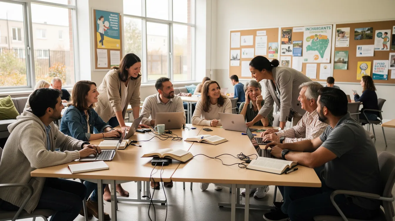 The image depicts a diverse group of people gathered in a community center, engaged in discussions while surrounded by books and laptops on tables. This scene reflects a supportive environment for individuals, including non-nationals and asylum seekers, seeking information and assistance related to immigration services in Cork City.
