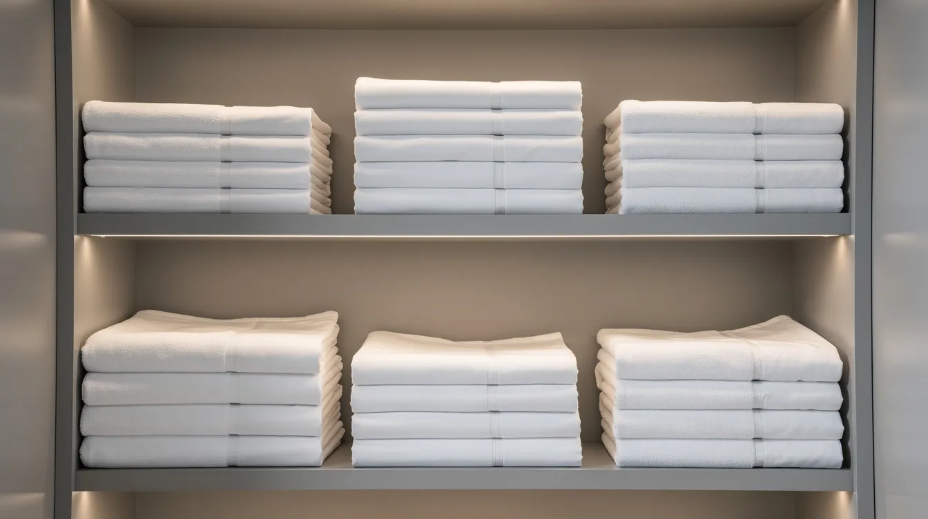 Sábanas y toallas blancas están perfectamente dobladas y organizadas en una estantería de hotel, mostrando la calidad y el cuidado que se ofrece a los huéspedes a través del servicio de lavandería para hoteles. Este espacio refleja la atención al detalle y la limpieza que caracteriza a un establecimiento de hostelería.